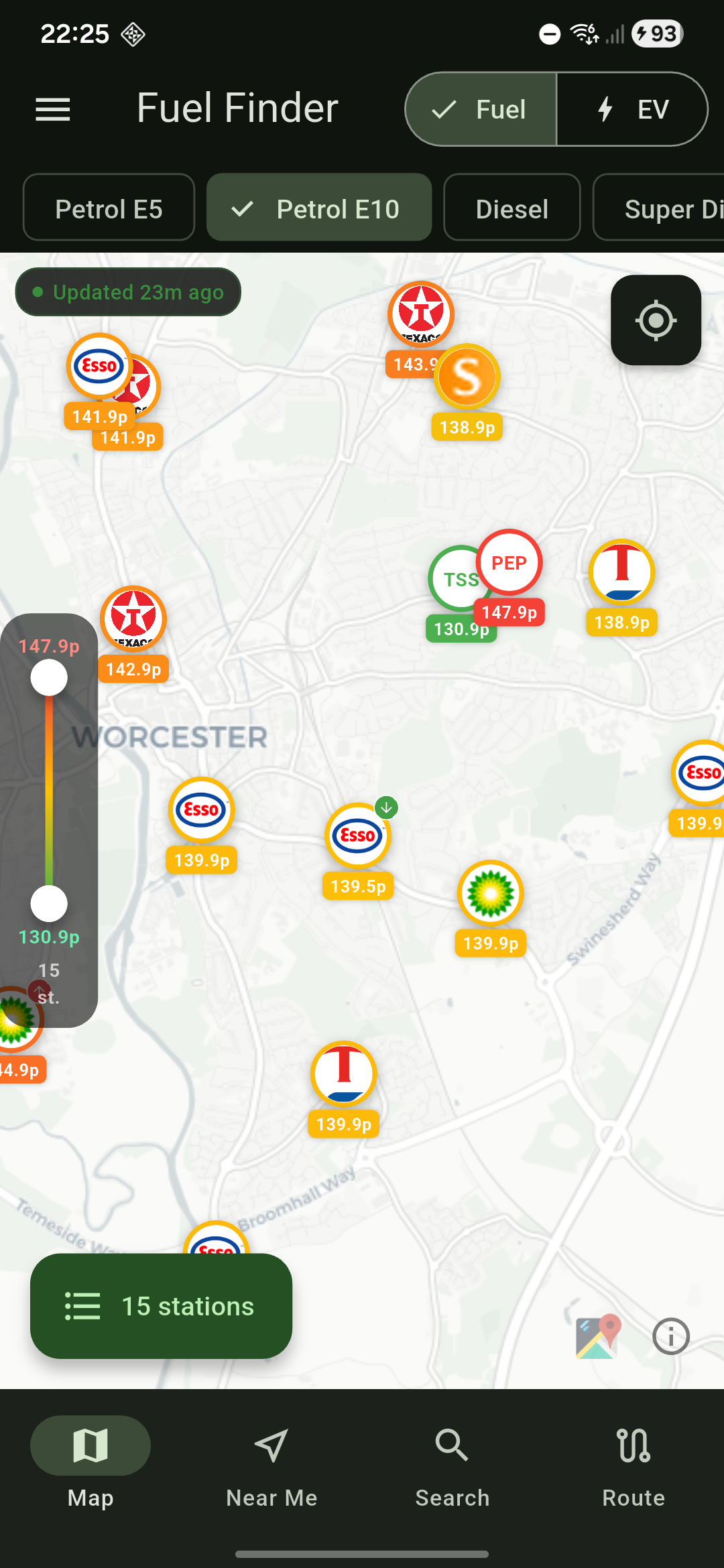 Map screen showing fuel station prices