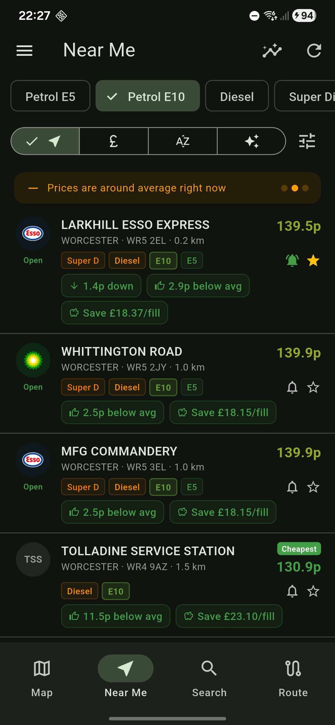 Near Me screen with nearby station list