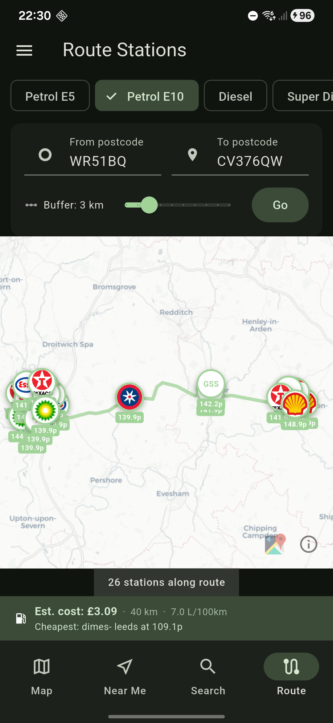 Route planner showing stations along a route